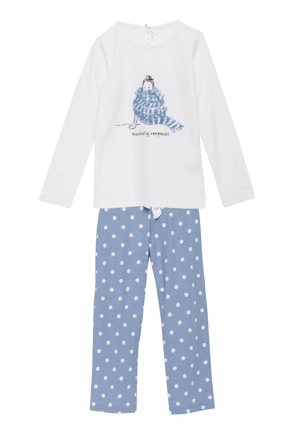 Louis & Louisa Pyjama Kinder Basic "Mädchen mit Schal", weiß / blau allover Blitzverkäufe