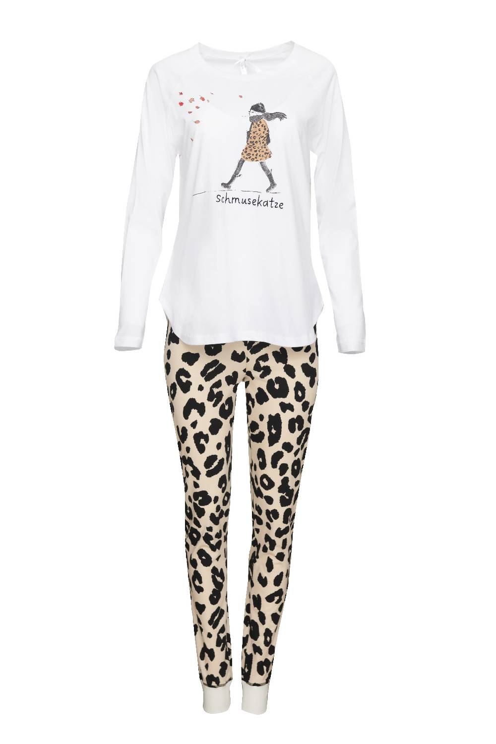 Louis & Louisa Pyjama Damen Bündchen "Leo-Mädchen", weiß / leo allover Versandkostenfrei