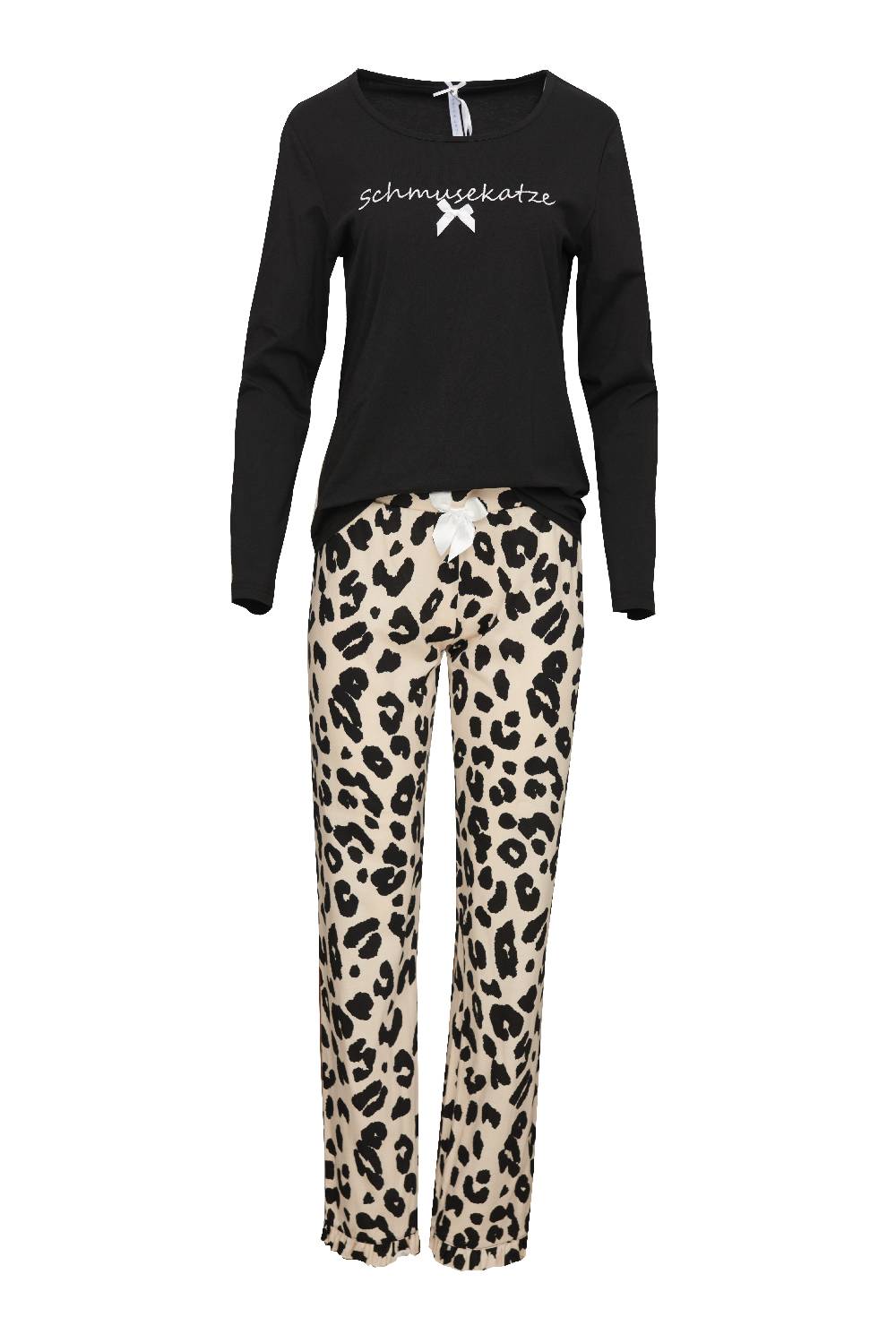 Louis & Louisa Pyjama Damen Basic "Schmusekatze", schwarz / leo allover Flash Sale