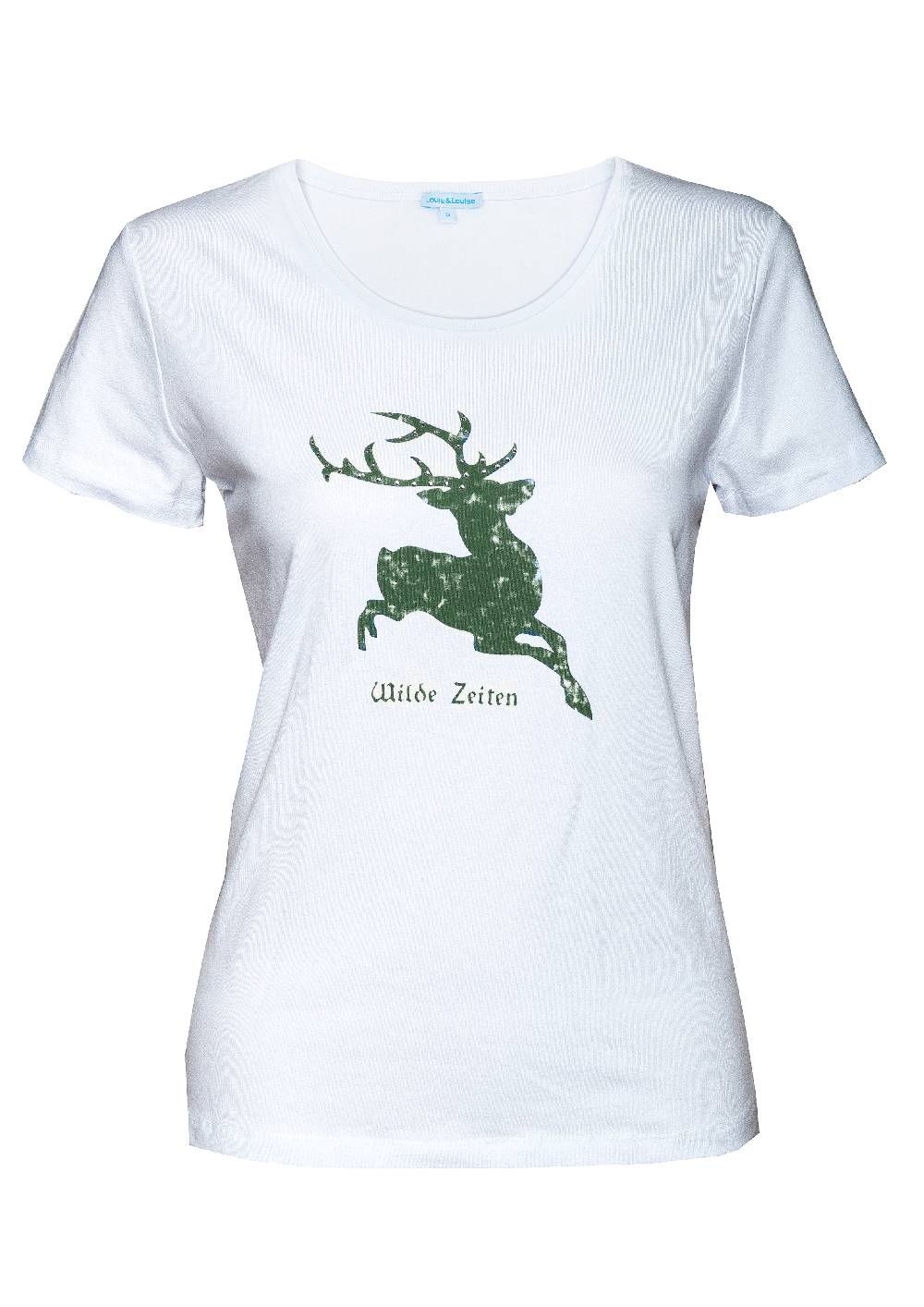 Louis & Louisa Hirsch Camouflage, Damenshirt weiß mit dunkelgrün, kurzarm Lagerräumung