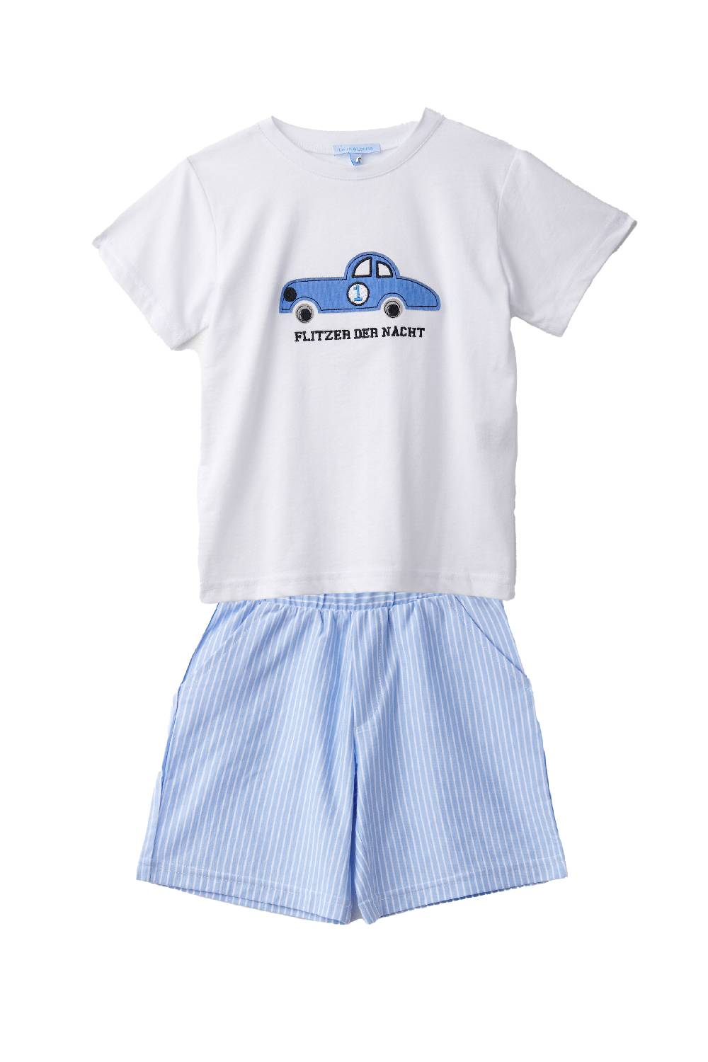 Louis & Louisa Short-Set Jungs "Auto", weiß / blau gestreift Sonderangebote