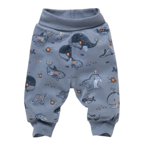 Pololo People Wear Organic Wendehose ozeanblau und weiß mit Tieren aus dem Meer , aus Bio-Baumwolle Saisonale Angebote